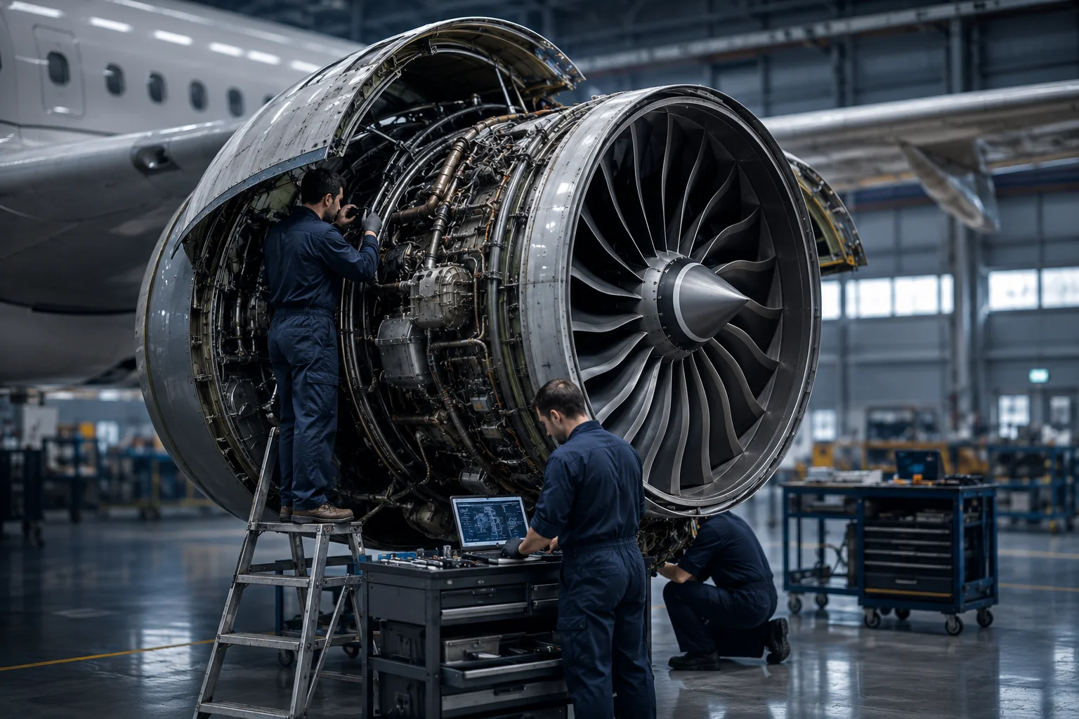 Industrial technicians monitoring turbine engine operations