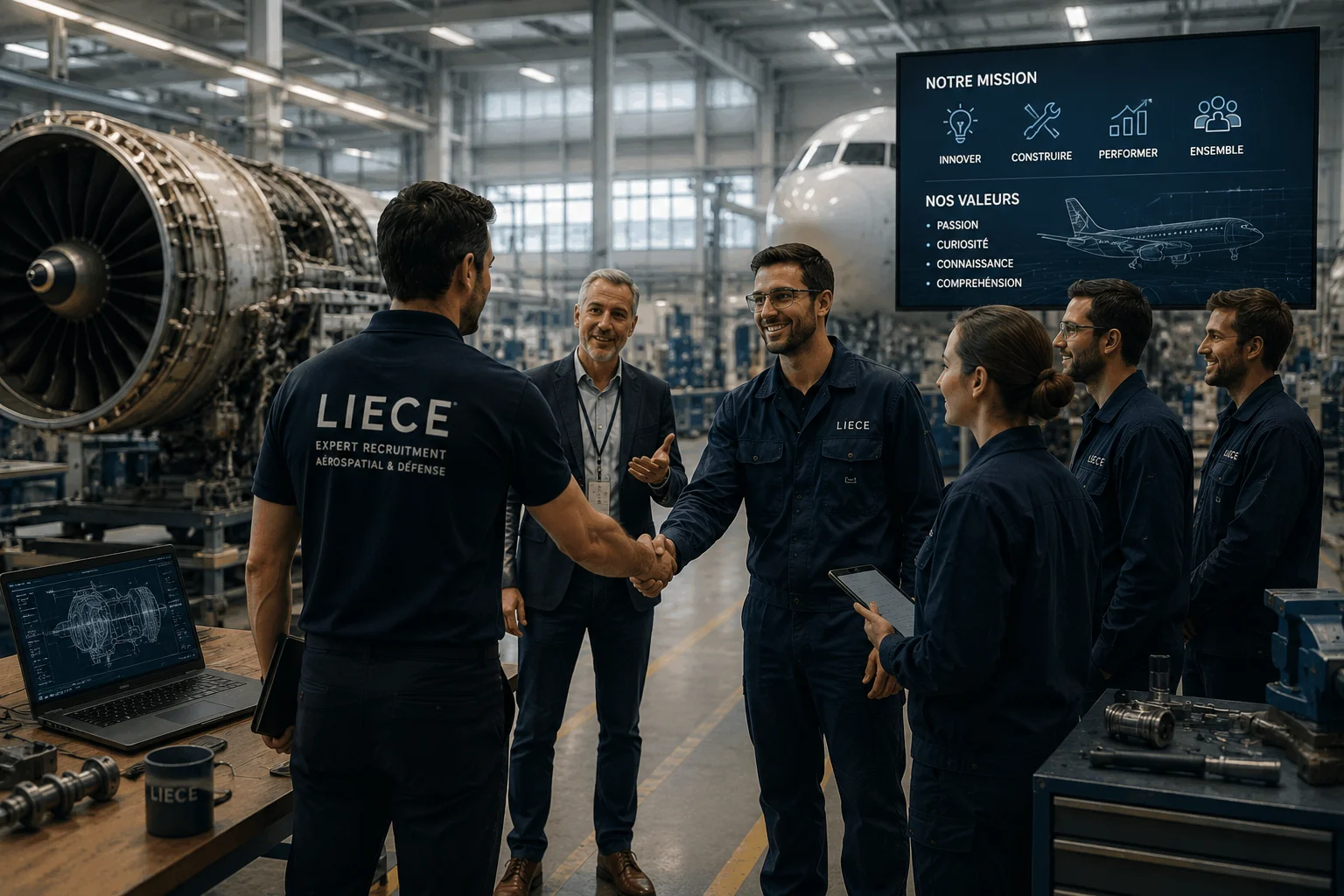 Industrial technicians monitoring turbine engine operations
