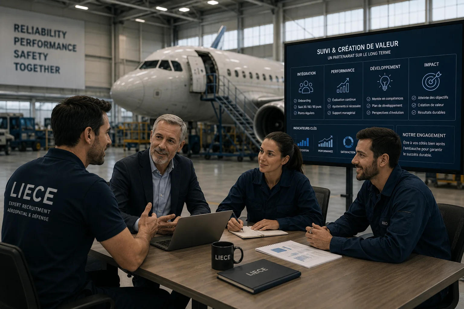 Industrial technicians monitoring turbine engine operations